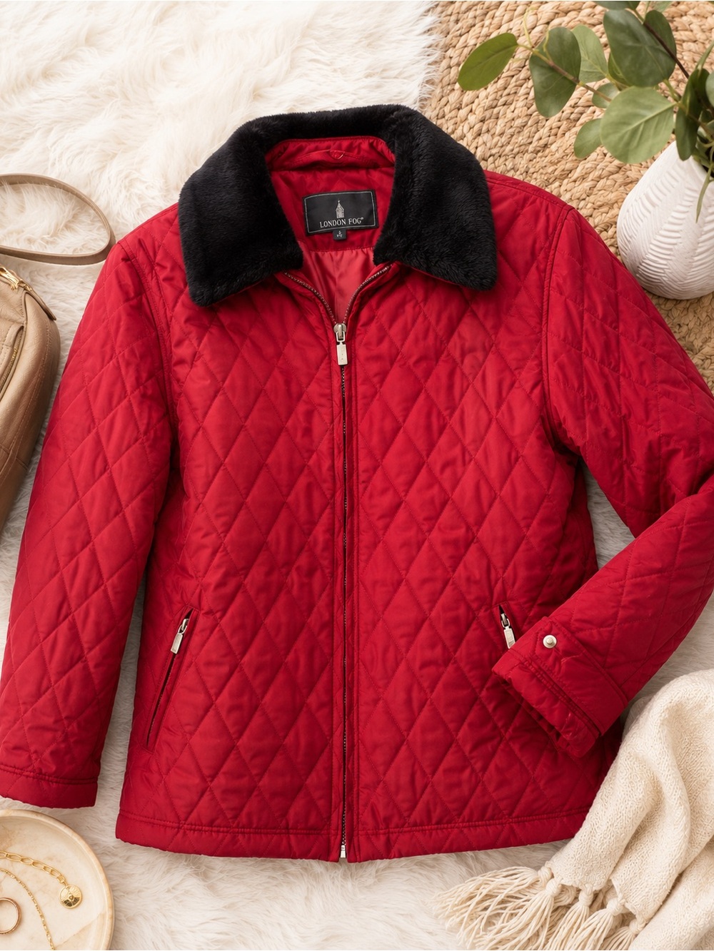 London Fog Red Quilted Jacket Faux Fur Collar – Size S
